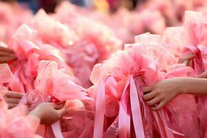 Oktober - - Frauen vereinigt mit Rosa Bänder, symbolisieren das Bedeutung von früh Erkennung von Brust Krebs. Frauen vereinigt gegen Krebs, wir sind nicht zu stoppen ai generativ foto