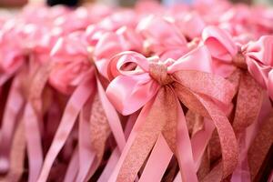 Rosa Oktober Frauen vereinigt mit Rosa Bänder, symbolisieren das Bedeutung von früh Erkennung von Brust Krebs. Frauen vereinigt gegen Krebs, wir sind nicht zu stoppen ai generativ foto