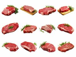 ai generiert frisch roh Rindfleisch Steak Sammlung isoliert auf Weiß Hintergrund foto