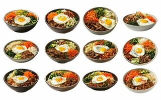 ai generiert bibimbap Sammlung isoliert auf Weiß Hintergrund foto