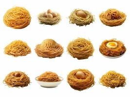 ai generiert Spaghetti Nest Sammlung isoliert auf Weiß Hintergrund foto