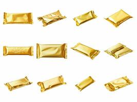 golden Süßigkeiten Verpackung Sammlung isoliert auf Weiß Hintergrund mit ai generiert. foto