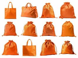 Orange Stoff Tasche Sammlung isoliert auf Weiß Hintergrund mit ai generiert. foto