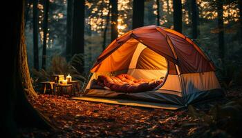 ai generiert Wandern Abenteuer im Herbst, Rucksackreisen durch Berg Spitzen beim Sonnenaufgang generiert durch ai foto