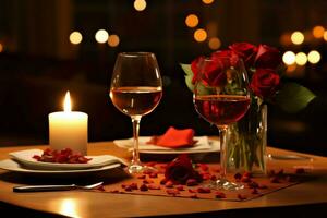 ai generiert Tabelle dekoriert zum ein romantisch Abendessen mit zwei Champagner Gläser, Strauß von rot Rosen oder Kerze Konzept durch ai generiert foto