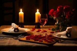 ai generiert Tabelle dekoriert zum ein romantisch Abendessen mit zwei Champagner Gläser, Strauß von rot Rosen oder Kerze Konzept durch ai generiert foto