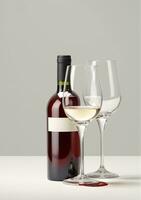 ai generiert ein Wein oder Alkohol Flasche mit Brille isoliert auf ein Weiß Hintergrund. ai generiert foto