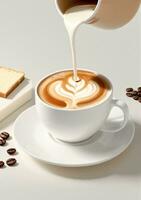 ai generiert ein Tasse von Kaffee mit Milch Sein gegossen auf es isoliert auf ein Weiß Hintergrund. ai generiert foto