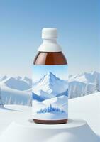 ai generiert ein Flasche mit ein Winter Berg Hintergrund isoliert auf ein Weiß Hintergrund. ai generiert foto