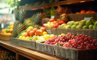 Äpfel, Zitronen, Orangen, Granatäpfel, Ananas, Pfirsiche und Erdbeere. verschiedene Früchte im ein Straße Markt. generativ ai foto