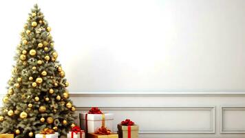 Weihnachten Baum mit die Geschenke unter es im Vorderseite von ein Weiß Mauer. ai generiert foto