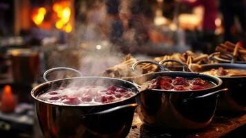 ai generiert Obst Kompott und hausgemacht Marmelade im ein Krug auf ein grau Hintergrund. frisch Äpfel auf das Tisch. hausgemacht Aprikose Marmelade im ein Glas Krug und frisch Früchte auf ein dunkel Hintergrund. foto