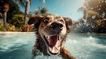 aufgeregt Hund im Schwimmbad Schwimmen und spielen im das Wasser. komisch Foto von ein Welpe. Hund auf Sommer- Urlaub. ai generiert
