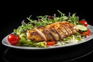 gegrillt Hähnchen Filet mit Salat auf ein schwarz reflektierend Oberfläche. gesund Essen, Keto Diät. generativ ai foto
