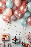 ai generiert Geburtstag Party Banner Weiß und Gold Komposition, Geschenkbox, Luftballons, Konfetti, Konzept Geschenkkarte, Kopieren Raum, Weiß Hintergrund foto