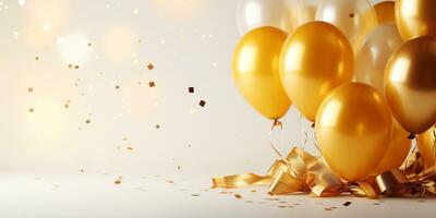 ai generiert Geburtstag Party Banner Weiß und Gold Komposition, Geschenkbox, Luftballons, Konfetti, Konzept Geschenkkarte, Kopieren Raum, Weiß Hintergrund foto