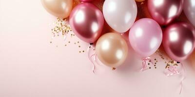 ai generiert Geburtstag Party Banner Weiß und Gold Komposition, Geschenkbox, Luftballons, Konfetti, Konzept Geschenkkarte, Kopieren Raum, Weiß Hintergrund foto