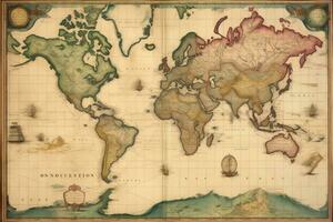 ai generiert alt Karte von das Welt. Jahrgang Stil. alt Papier Textur, Antiquität Welt Karte auf Mercatoren Projektion, ai generiert foto