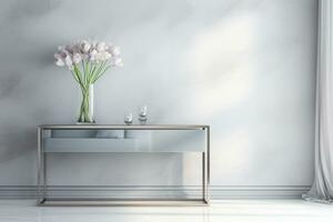 ein Glas oben Konsole Tabelle fügt hinzu Eleganz zu ein modern Eingang im cool grau Töne. ai generiert foto