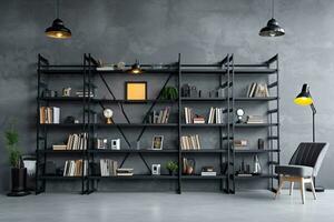 ein industriell Bücherregal definieren ein Loft-Stil Arbeitsplatz im cool Grautöne und Schwarze. ai generiert foto