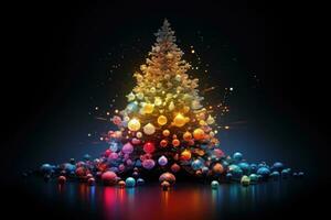 ai generiert Weihnachten Baum mit bunt Bokeh Beleuchtung auf schwarz Hintergrund. 3d Wiedergabe, Weihnachten Baum Licht, ai generiert foto