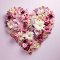 ai generiert das Herz ist gefüttert mit schön Rosa und Weiß Blumen auf ein Rosa Hintergrund foto