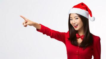 ai generiert dynamisch Urlaub Angebot fesselnd Modell- im festlich Weihnachten Party Kleid Punkte mit energisch Freude zu ein Rabatt oder Besondere Angebot, beschwingt Farben auf ein makellos Weiß Hintergrund foto