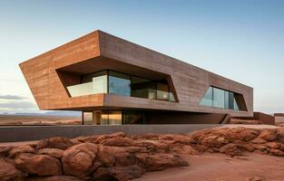 ein modern Haus im das Mitte von das marokkanisch Sahara Wüste. ai generativ foto