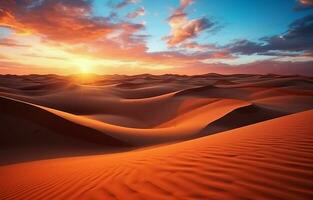 Sonnenuntergang Über das Wüste Sand Dünen. das Sahara Wüste trocken Landschaft. ai generativ foto