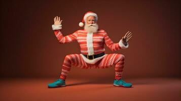 cool Santa im ein gestreift Anzug, komisch tanzen Pose, sprengen bewegt sich auf ein tanzen Boden. ai generiert foto