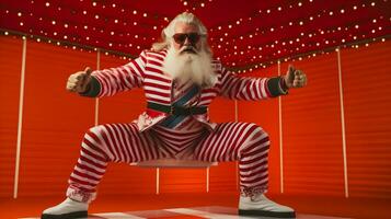 cool Santa im gestreift Anzug, komisch tanzen Pose, lange Bart und Sonnenbrille, sprengen bewegt sich auf ein tanzen Fußboden mit Fee Beleuchtung. ai generiert foto