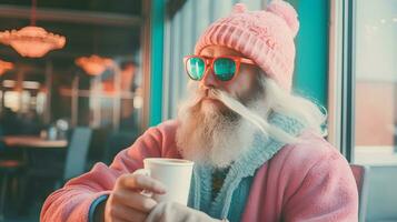 Hipster modern Santa nehmen ein brechen und haben ein Tasse von Kaffee. ai generiert foto