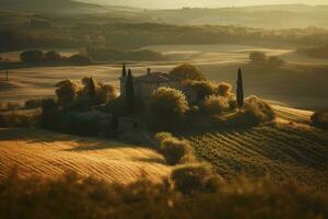 Toskana Landschaft im Sonnenuntergang, erstellt mit generativ ai foto