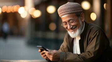 Muslim Senior Mann mit Handy, Mobiltelefon Telefon. generativ ai. foto