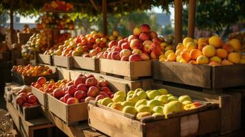 Bauern' Märkte oder Obstgärten mit Behälter von frisch gepflückt Äpfel und andere fallen produzieren. generativ ai. foto