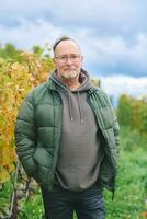 draussen Porträt von Mitte Alter 55 - - 60 Jahr alt Mann genießen nett Herbst Tag im Weinberge, gesund und aktiv Lebensstil foto