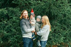 draussen Porträt von schön glücklich jung Familie von 4 posieren im Kiefer Wald, tragen warm Pullover, Paar mit Kleinkind Junge und Baby Mädchen haben gut Zeit beim Natur, kalt Wetter, Weihnachten Thema foto