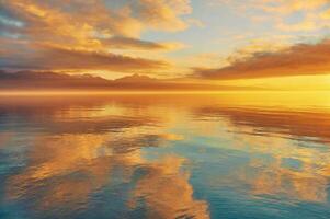hell Sonnenuntergang Über See Genf, Schweiz, golden Wolken reflektieren im das Wasser foto