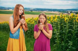 draussen Porträt von zwei glücklich jung Mädchen spielen mit Löwenzahn im Landschaft foto