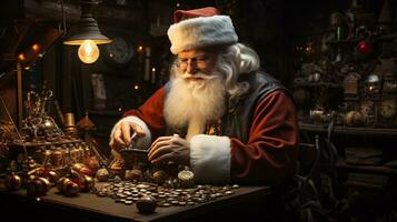 ai generiert Santa's Werkstatt Santa claus beschäftigt im seine Werkstatt gefüllt mit Spielzeuge, umgeben durch bunt die Geschenke warten zu Sein geliefert auf Weihnachten Vorabend. foto