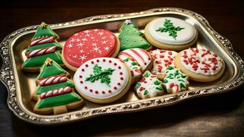 lecker Sortiment von lecker dekoriert Weihnachten Lebkuchen Ingwer Kekse. anders Farben. Weihnachten die Geschenke Werbung. foto