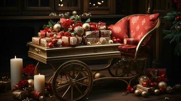Weihnachten Gefühl. charmant Jahrgang Schlitten gefüllt mit schön eingewickelt Geschenke, hervorrufen nostalgisch Gefühle von Erwartung und Wunder foto