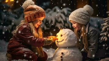 Kinder abspielen draußen im Schnee. draussen Spaß zum Familie Weihnachten Urlaub. spielen draußen. glücklich Kind haben Spaß mit Schneemann. foto