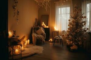 ai generiert ein Zimmer mit Kerzen und ein Weihnachten Baum foto