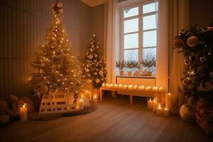 ai generiert ein Zimmer mit ein Weihnachten Baum und Kerzen foto