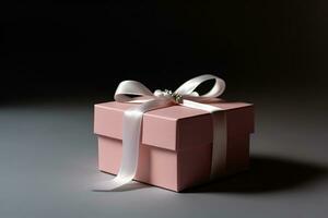 ai generiert Rosa Geschenk Box mit Weiß Band auf grau Hintergrund foto