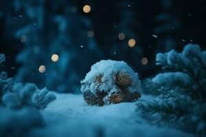 ai generiert ein Kiefer Kegel bedeckt im Schnee sitzt im das Mitte von ein Wald foto