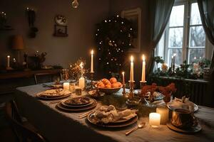 ai generiert ein Tabelle einstellen zum ein Weihnachten Abendessen mit Kerzen und Essen foto