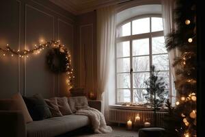 ai generiert ein Leben Zimmer mit ein Couch, ein Baum und ein Weihnachten Baum foto