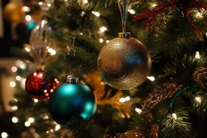 ai generiert Weihnachten Baum mit Ornamente und Beleuchtung foto